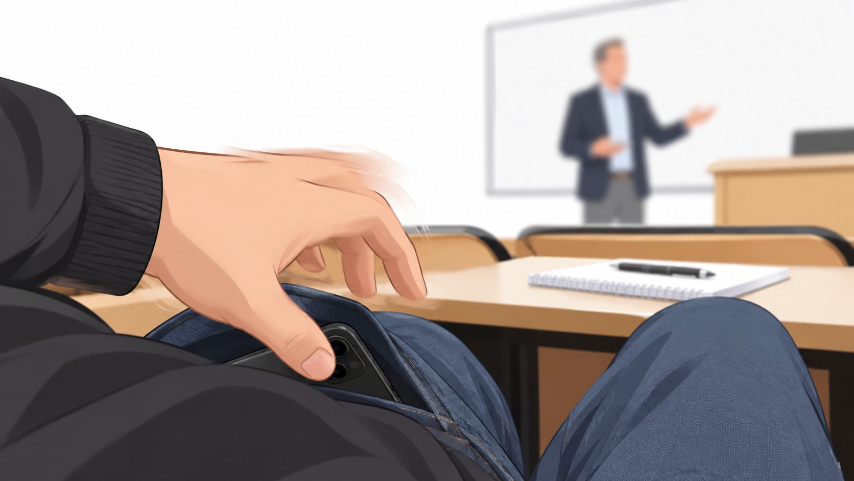 A student hiding a smartphone in their jeans pocket during a lecture in a classroom setting.