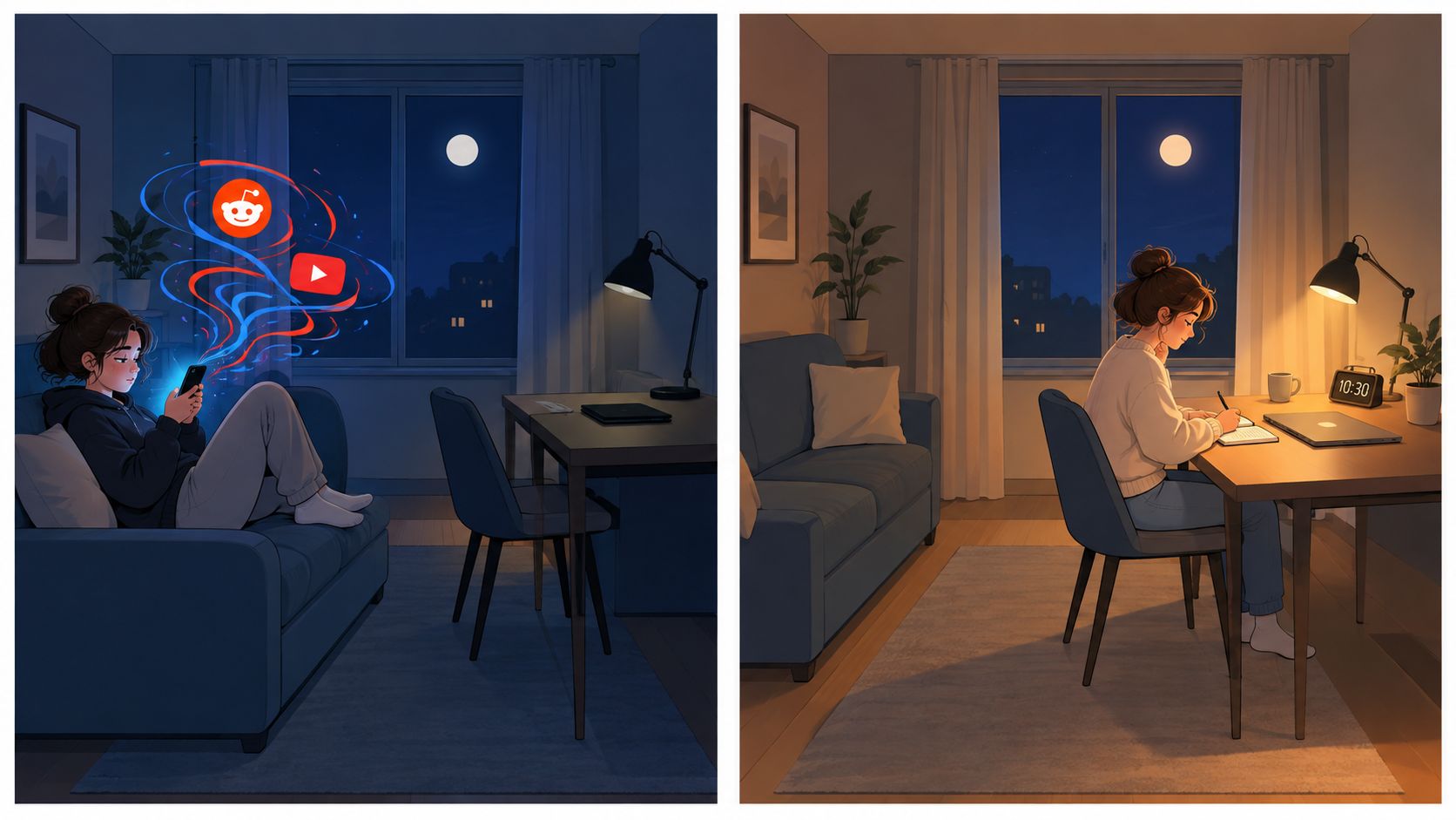 A split image contrasting distracted scrolling on a phone with productive focused writing at a desk.