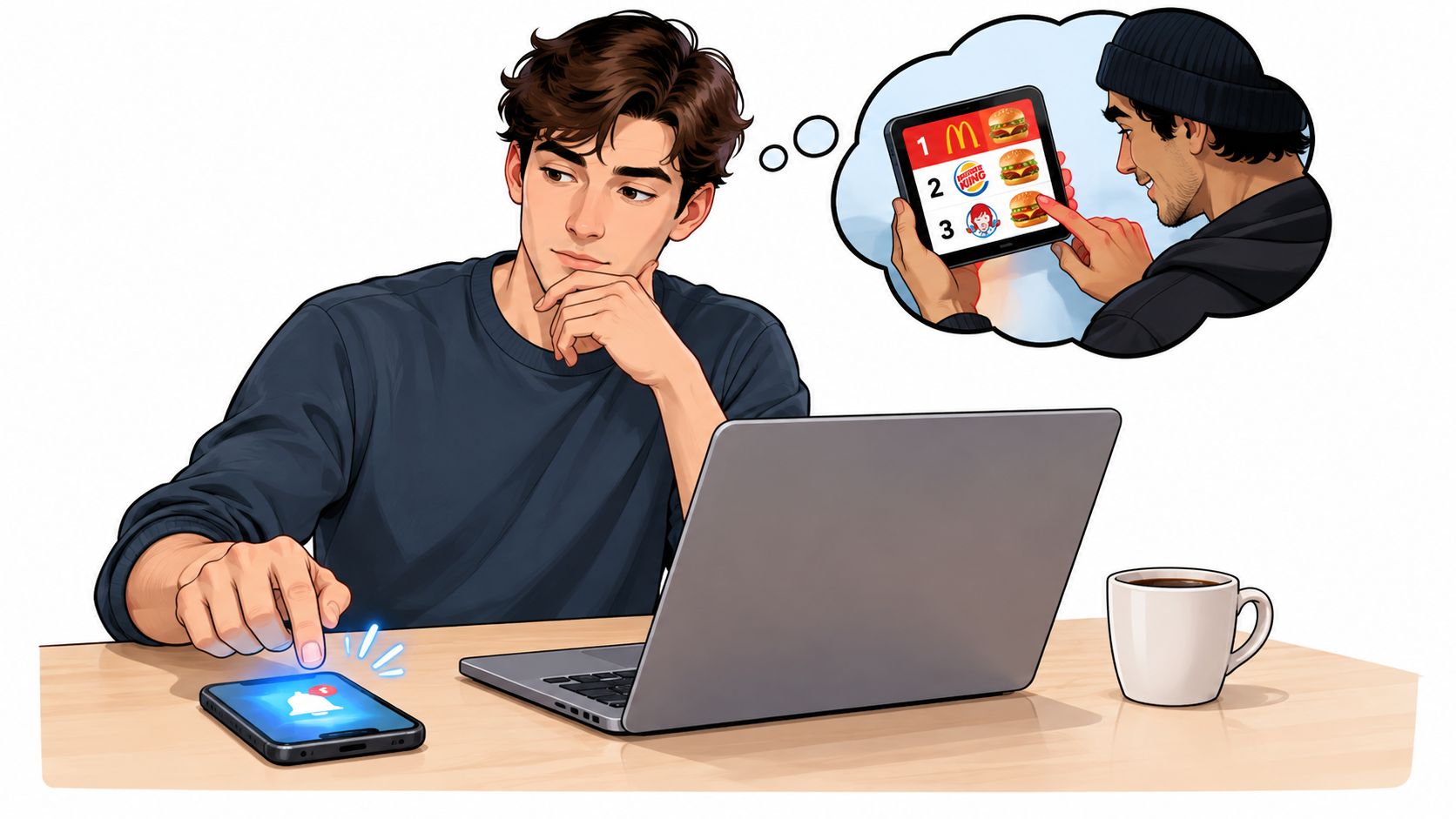 A young man sitting at a desk appearing distracted while looking at his smartphone and imagining fast food.
