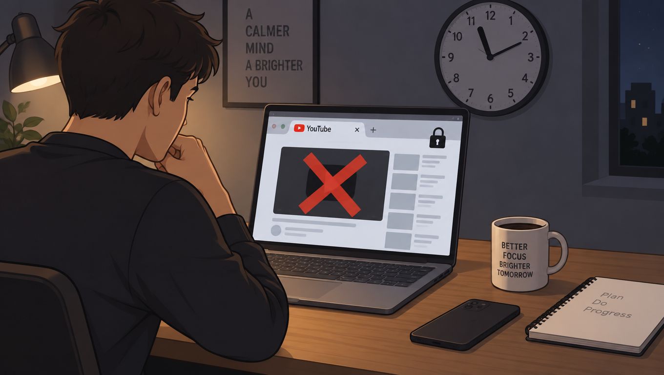 A person sitting at a desk looking at a laptop screen with a blocked YouTube video.