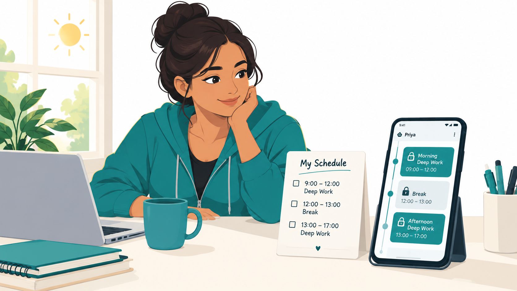 A woman looks at her daily deep work schedule displayed on a smartphone and a paper calendar.