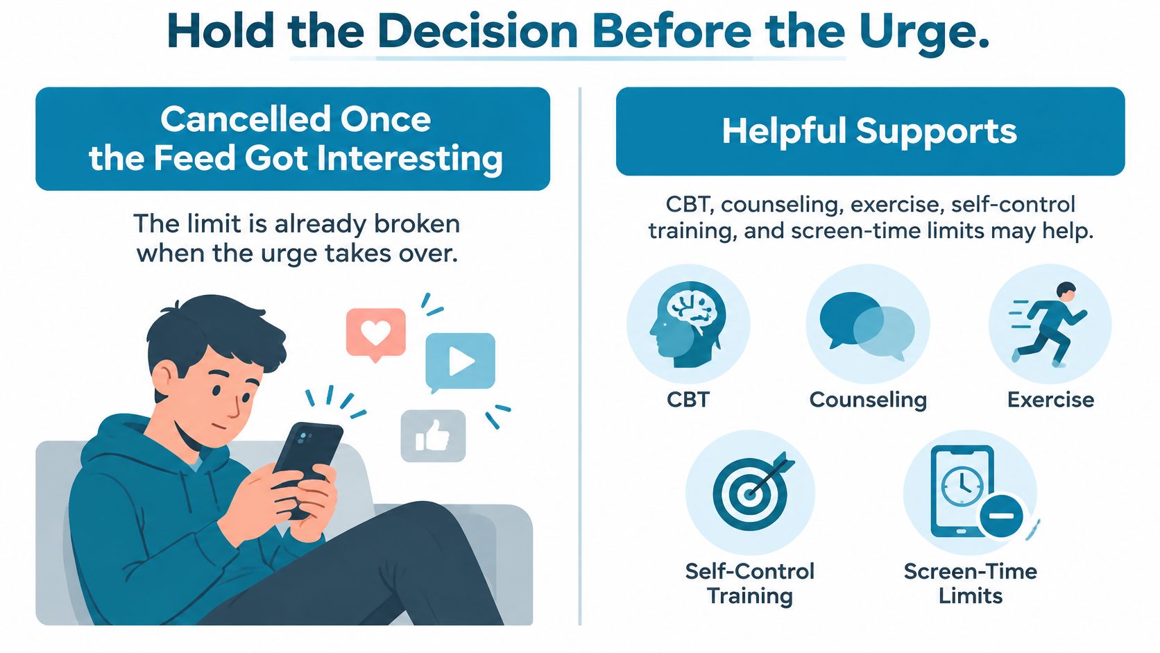 A person using a smartphone with tips on overcoming digital urges through therapy and healthy habits.