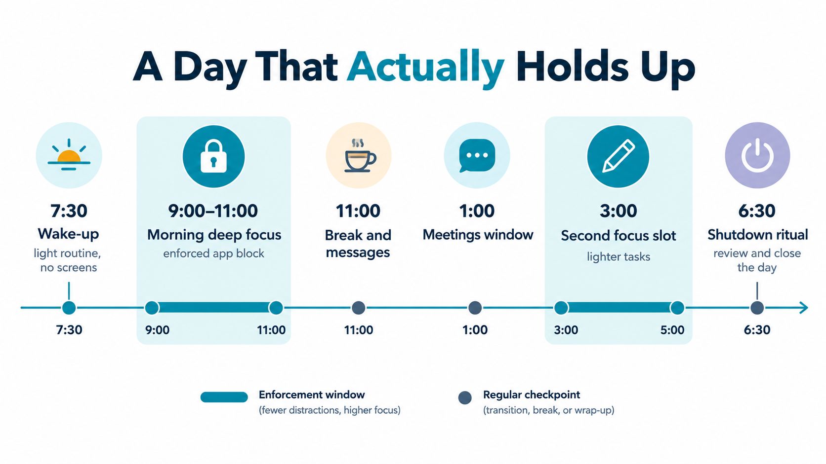 A timeline graphic showing a productive daily schedule with designated time blocks for focus, meetings, and breaks.