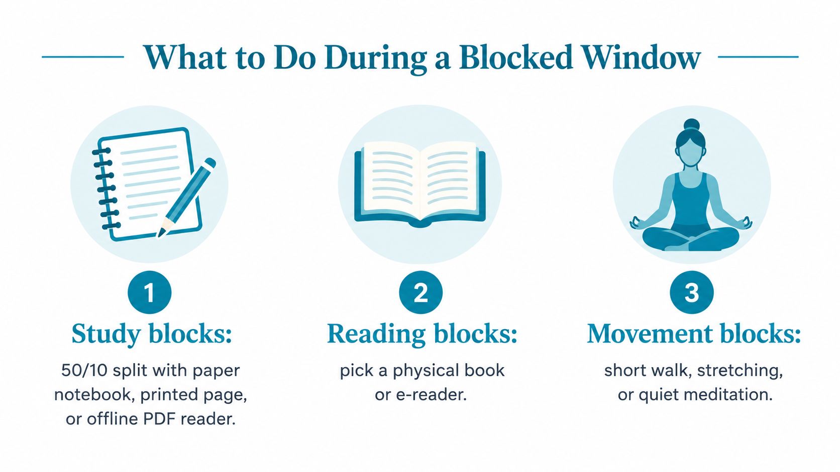 An infographic suggesting three productive activities to do during a blocked window: study, read, or movement.
