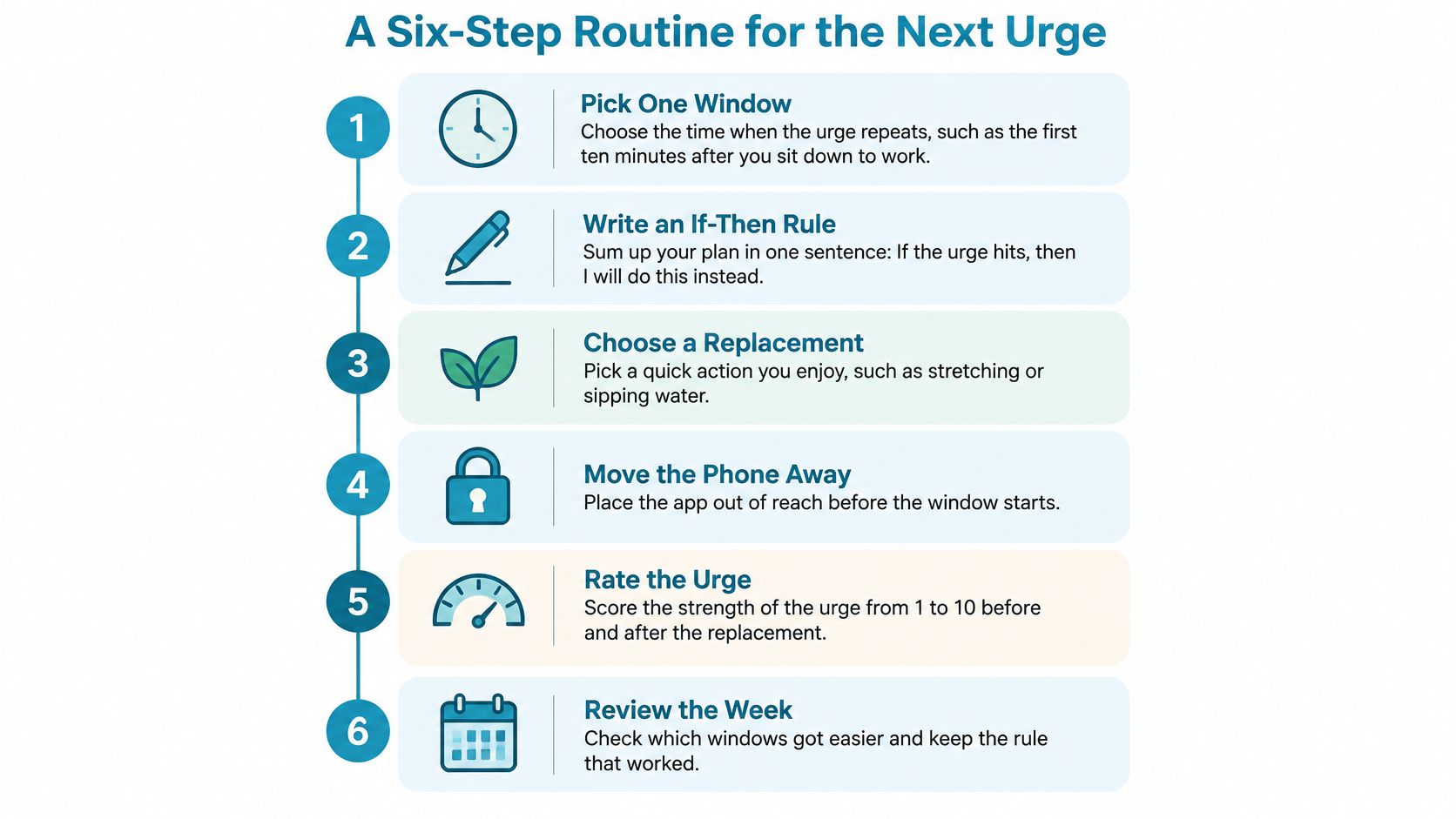 A six-step routine diagram for managing urges to improve focus and impulse control in daily habits.