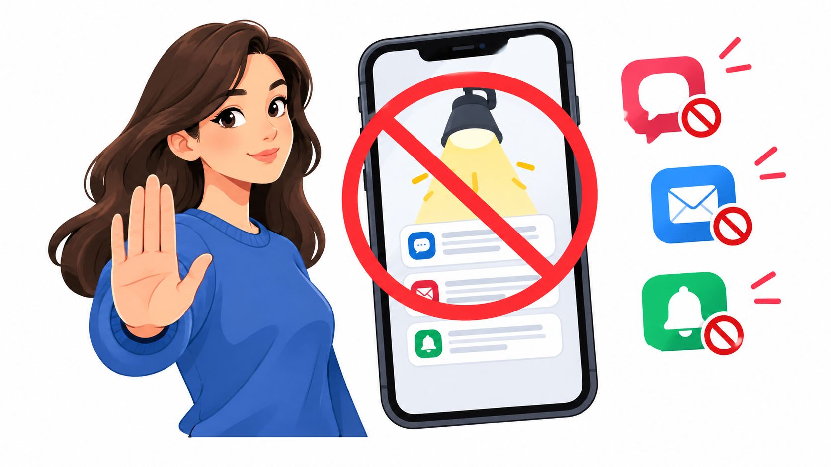 A young woman gesturing to stop notifications from appearing on a smartphone screen, symbolizing digital detox and focus.
