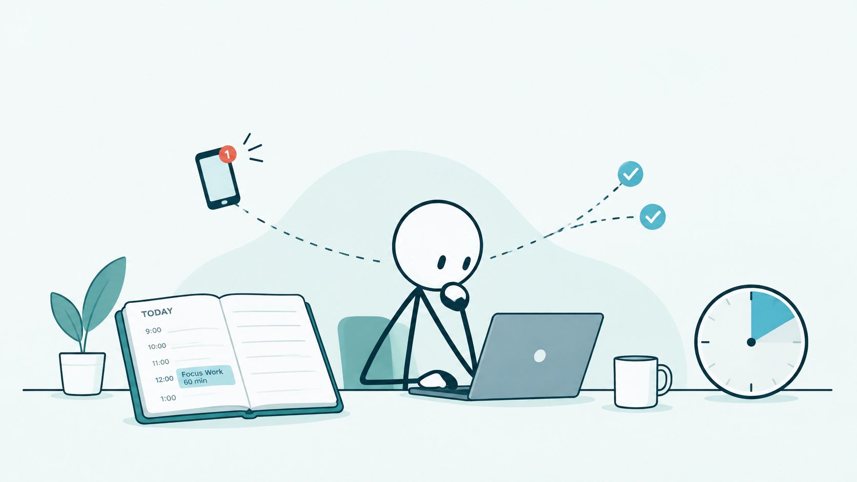 A stick figure working on a laptop at a desk with a planner and time tracker.