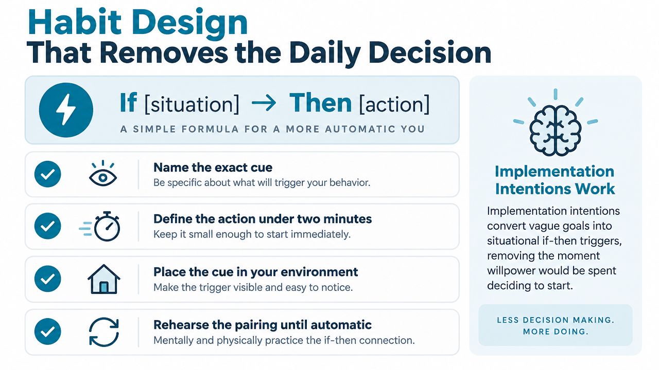 A visual guide explaining how to design habits using an if-then formula to overcome daily procrastination.