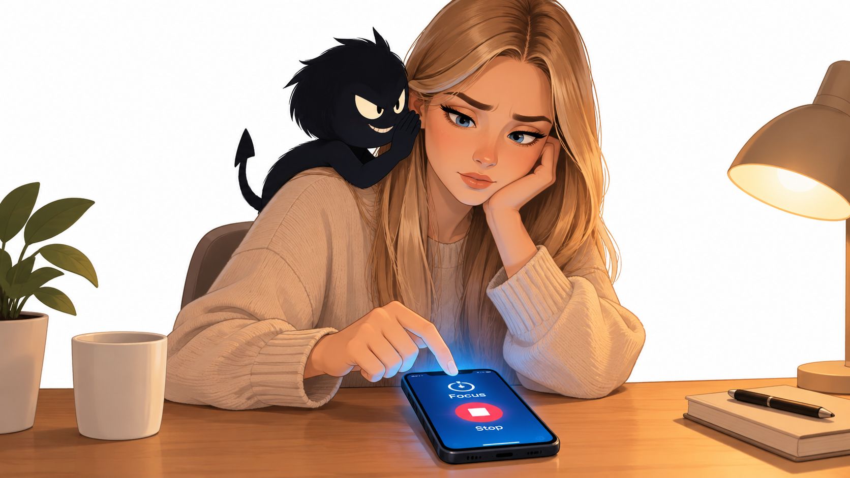 A girl struggling with focus as a mischievous shadow demon whispers distractions while she uses her phone.
