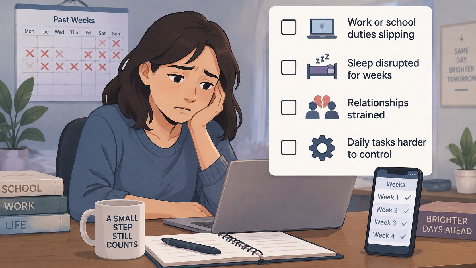A young woman looking stressed at her desk with a checklist of mental health struggle indicators.