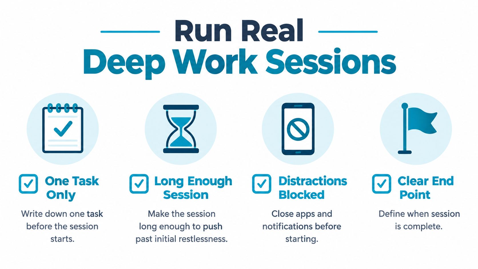 An infographic showing four steps to run deep work sessions for increased productivity and focus.