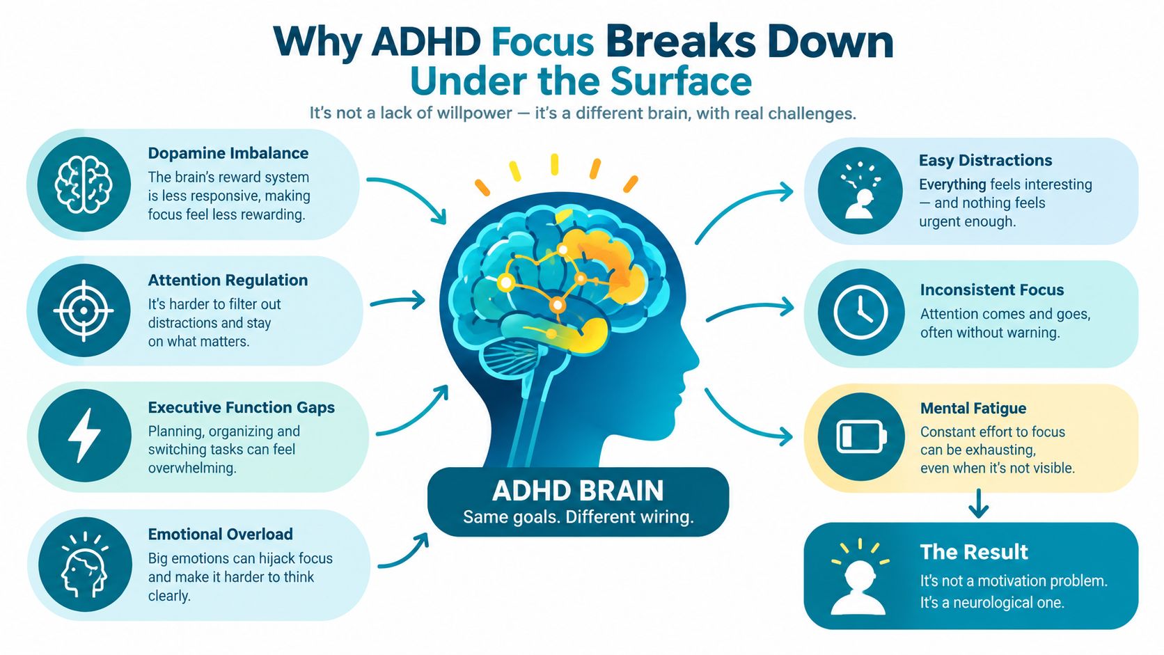 A diagram explaining how dopamine imbalance, executive function gaps, and emotional overload contribute to ADHD focus breakdown.