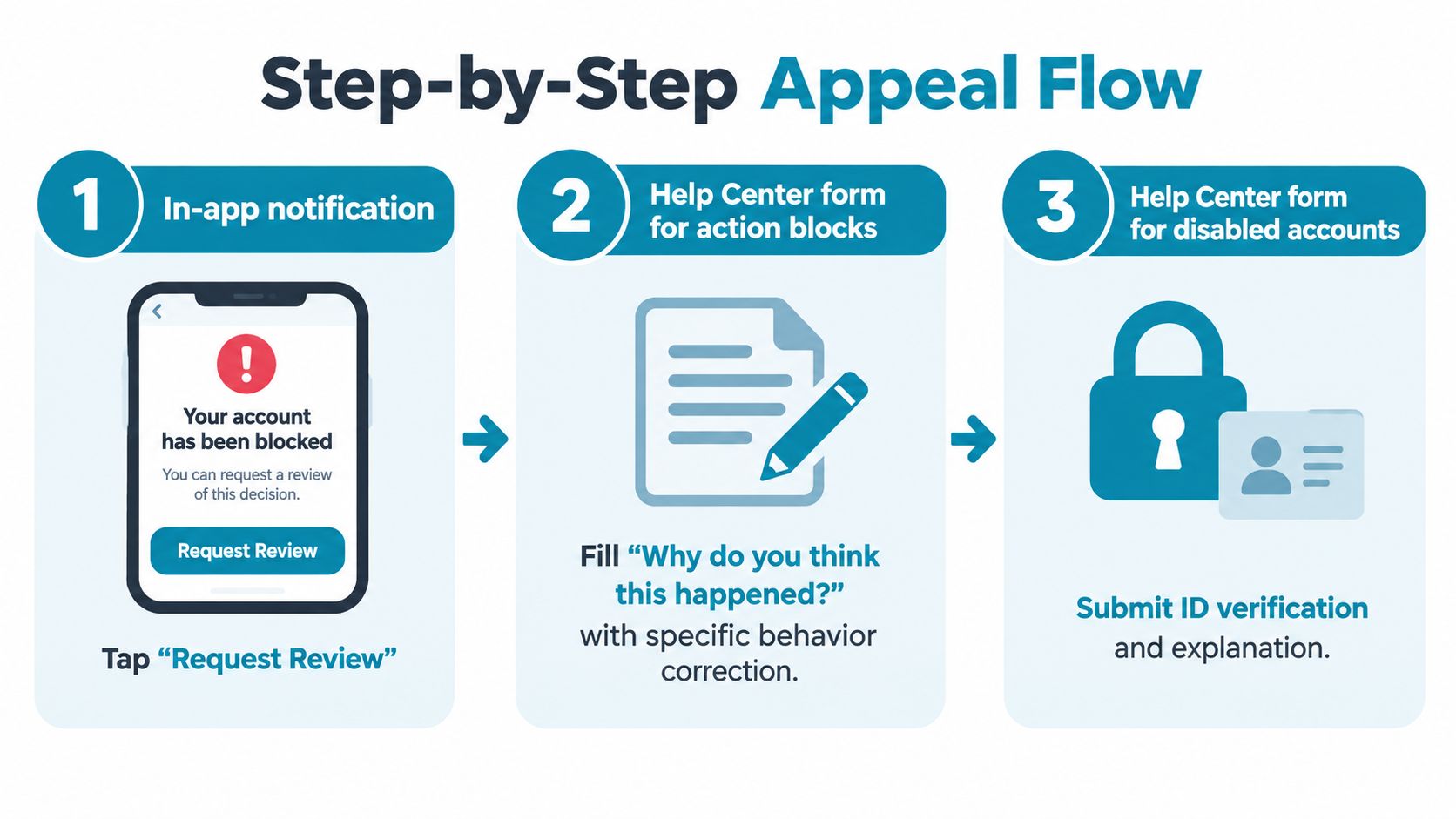 A diagram outlining a three-step process to appeal an Instagram account block or action restriction.
