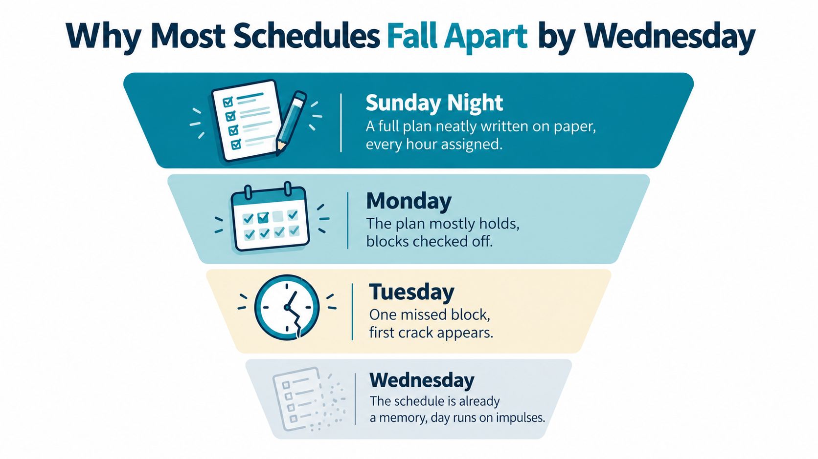 A funnel infographic explaining why daily schedules often fail and fall apart by Wednesday each week.