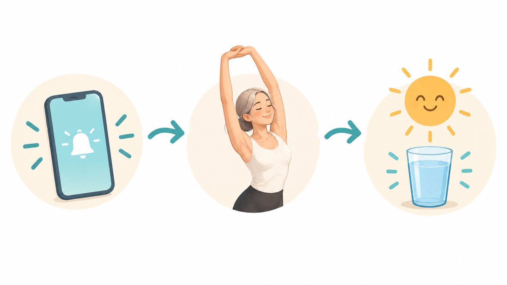 An illustration showing a morning routine: a phone alarm, a woman stretching, and a glass of water.