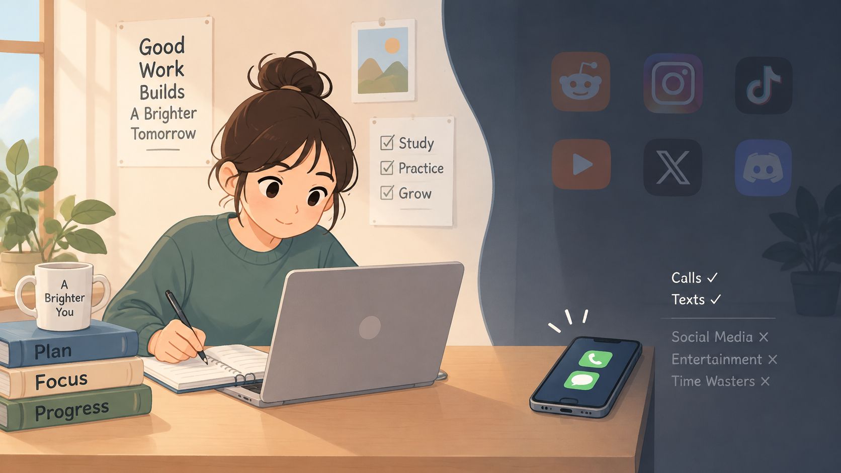 A digital illustration of a focused student studying at a desk with an app blocker concept.