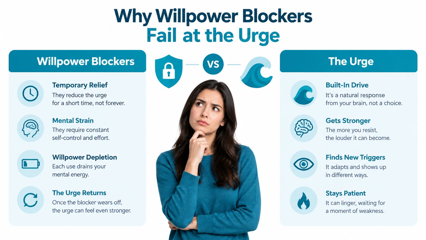 An infographic comparing why willpower blockers fail against the natural strength of a recurring human urge.