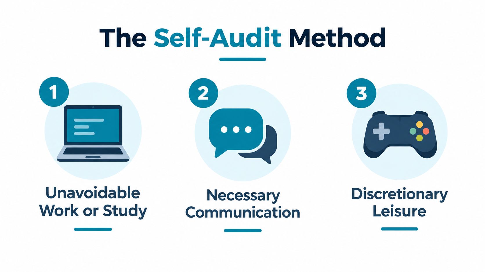 A graphic titled The Self-Audit Method showing three categories of screen time usage numbered one through three.