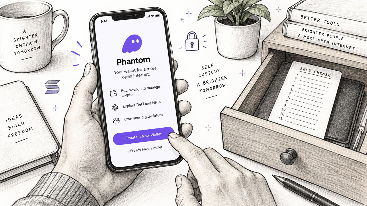 A hand tapping 'Create a New Wallet' on a smartphone screen showing the Phantom crypto wallet app.