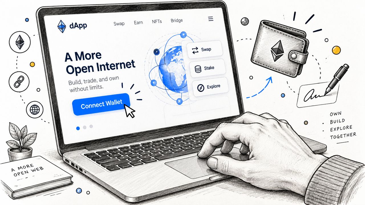 A hand using a laptop to interact with a web3 dapp platform, showing wallet connection and features.