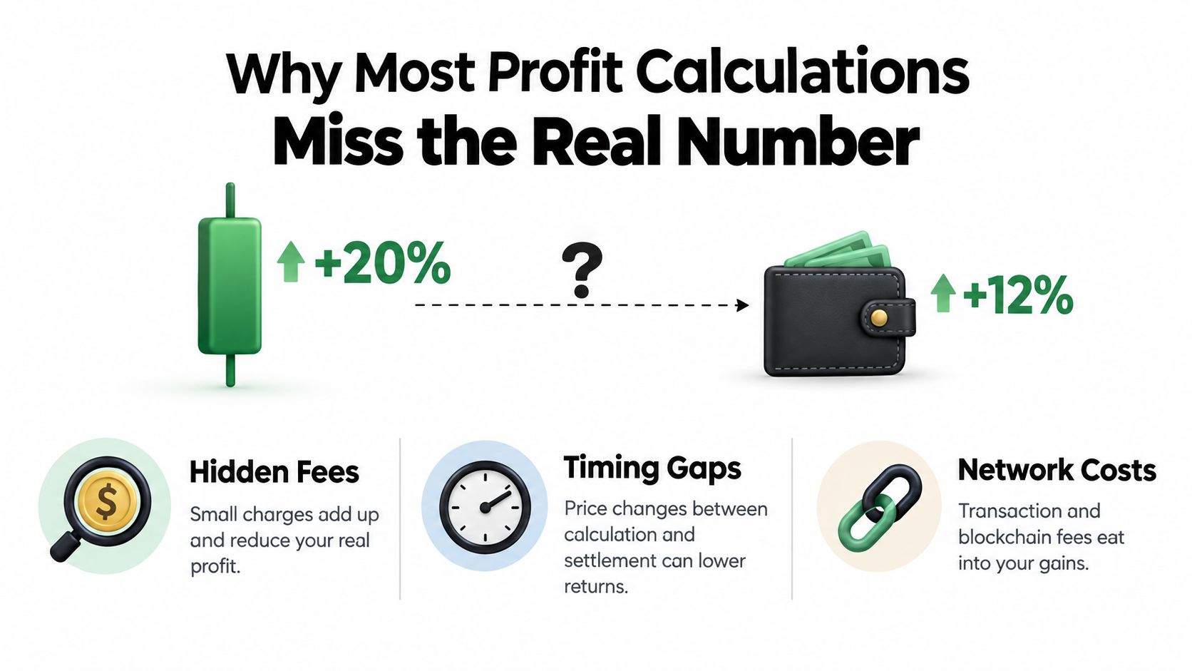 A graphic explaining why investment profit calculations often overestimate real returns due to fees and timing.