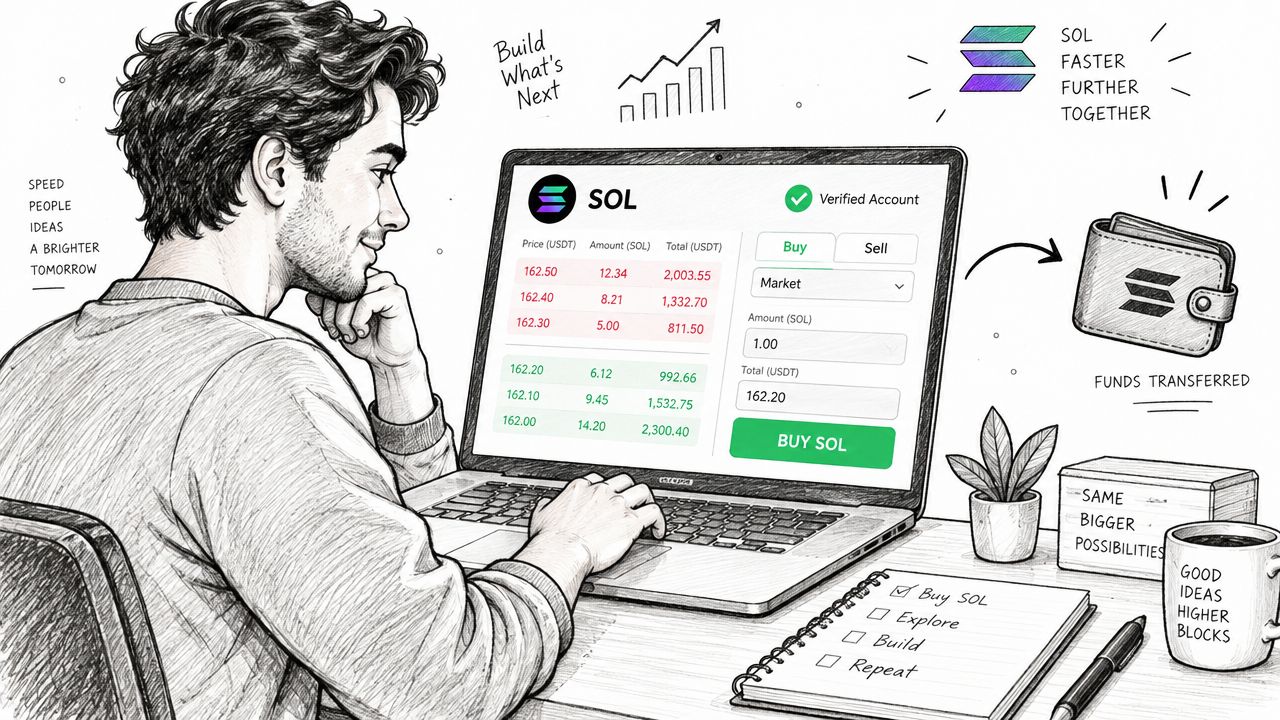 A hand-drawn illustration of a young man using a laptop to trade cryptocurrency with Solana branding.