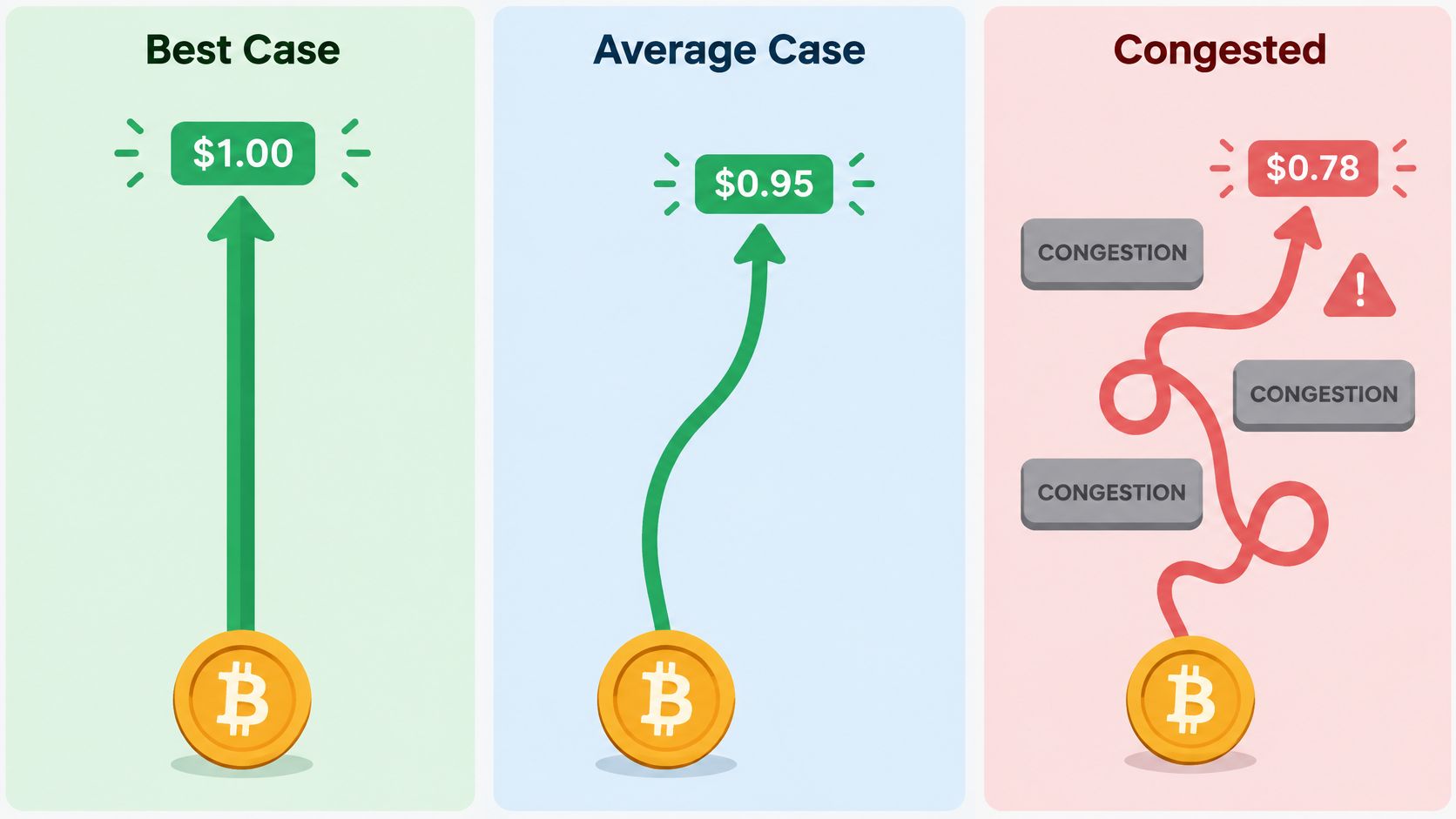 A diagram comparing three Bitcoin transaction scenarios labeled Best Case, Average Case, and Congested with price results.