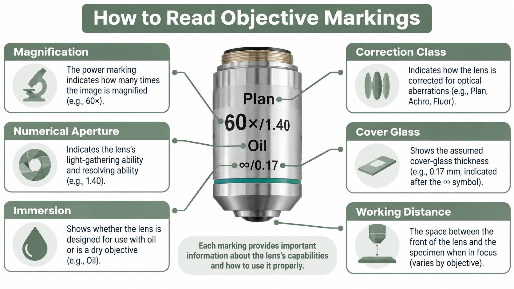 A diagram illustrating how to read markings on a microscope objective lens, explaining magnification, aperture, and immersion.