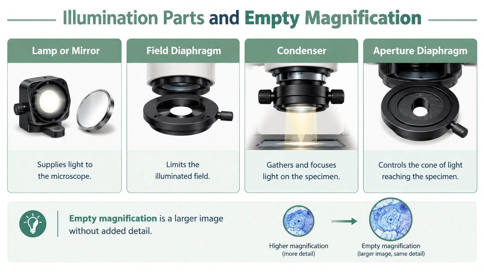 A diagram explaining microscope illumination components and the concept of empty magnification in microscopy.
