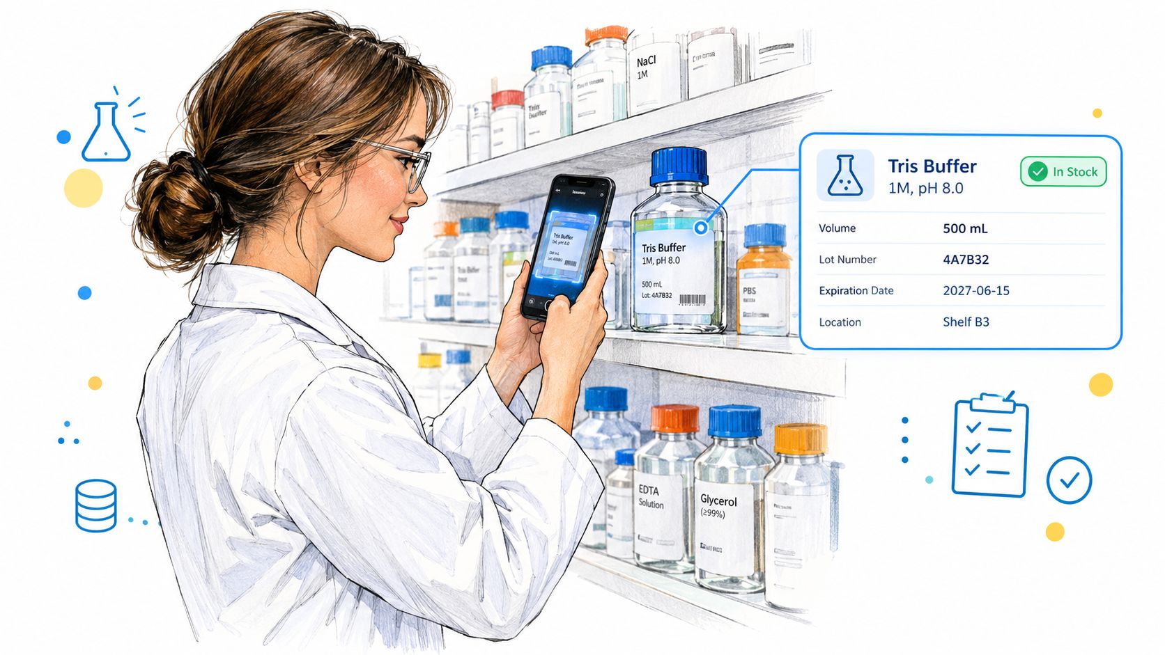 A female scientist in a lab coat uses her smartphone to scan a Tris buffer reagent bottle.