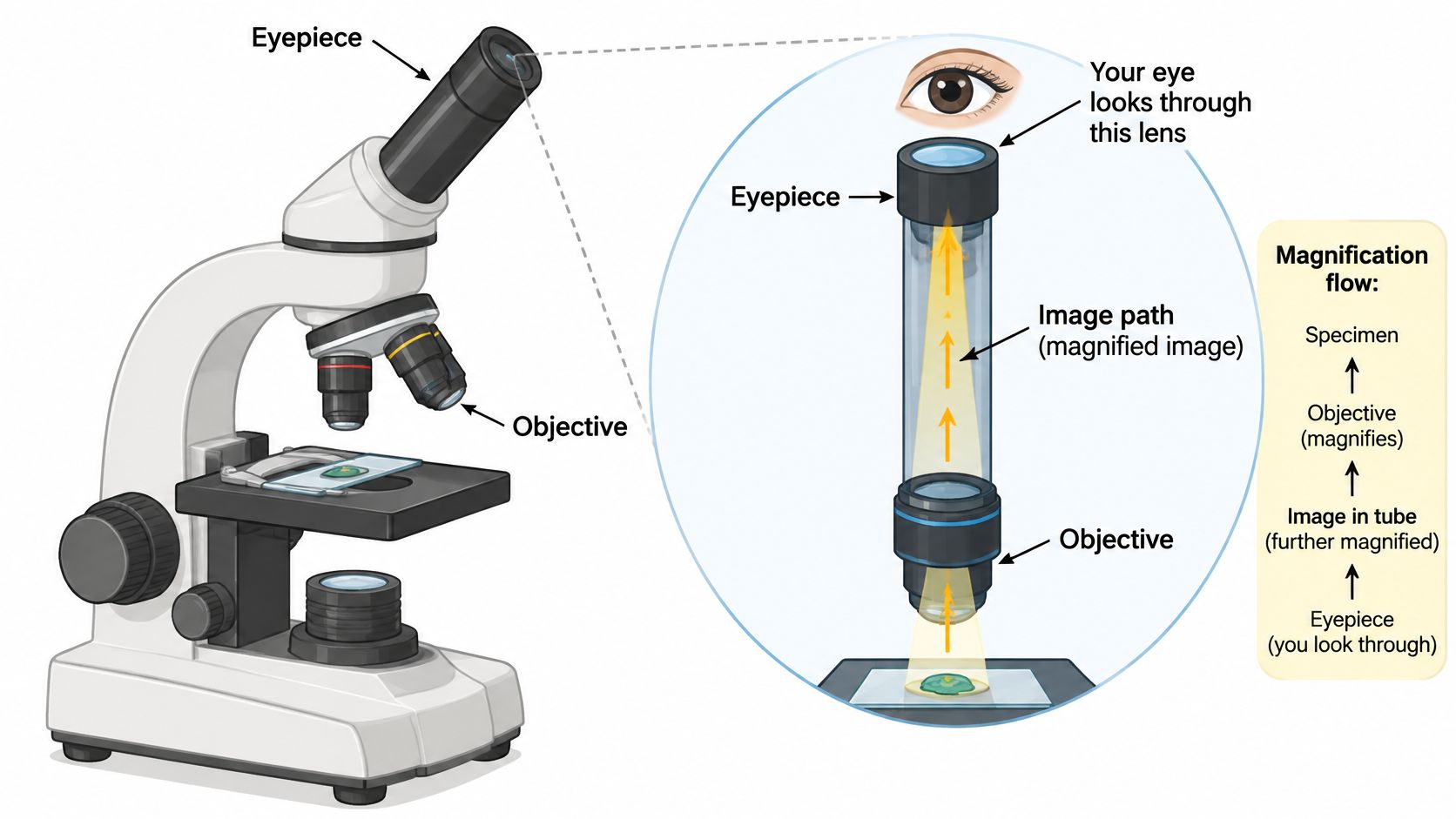 A diagram illustrating the components of a compound microscope and how magnification occurs through optical lenses.