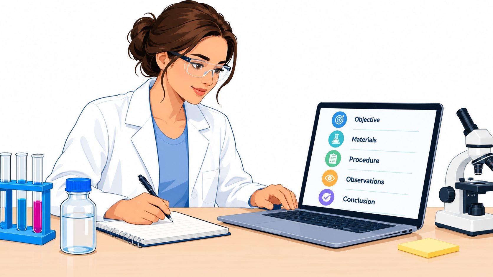 A female scientist wearing lab coat and goggles writing in a notebook near a laptop with lab steps.