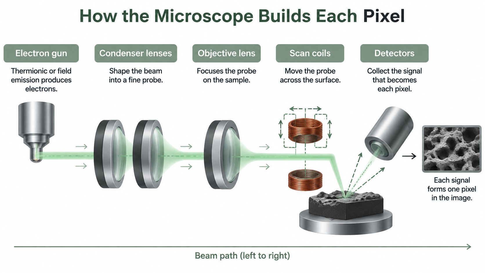 A diagram illustrating the process of how a scanning electron microscope builds an image pixel by pixel.