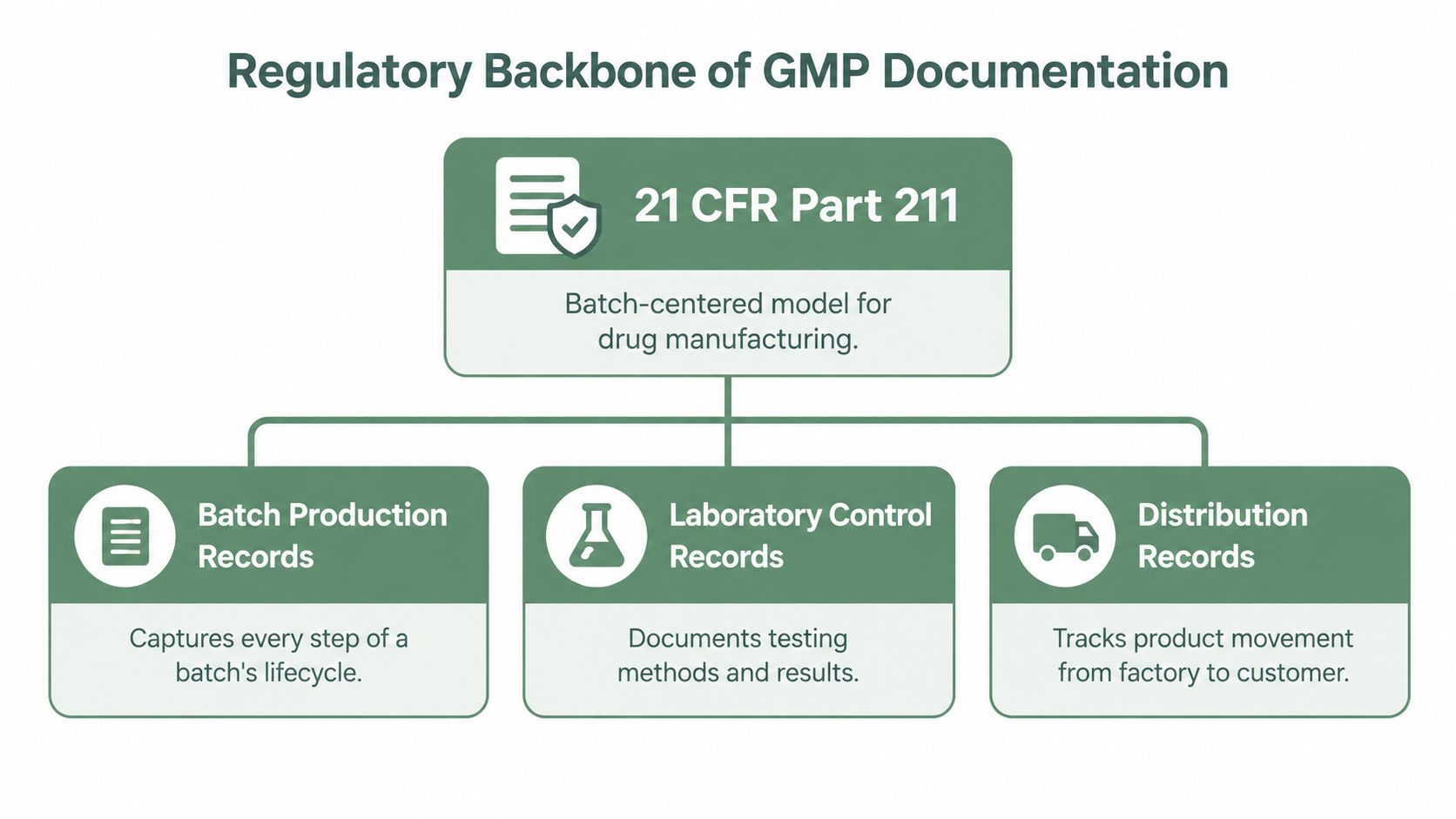 A diagram illustrating the regulatory backbone of GMP documentation under 21 CFR Part 211, highlighting production, laboratory, and distribution records.