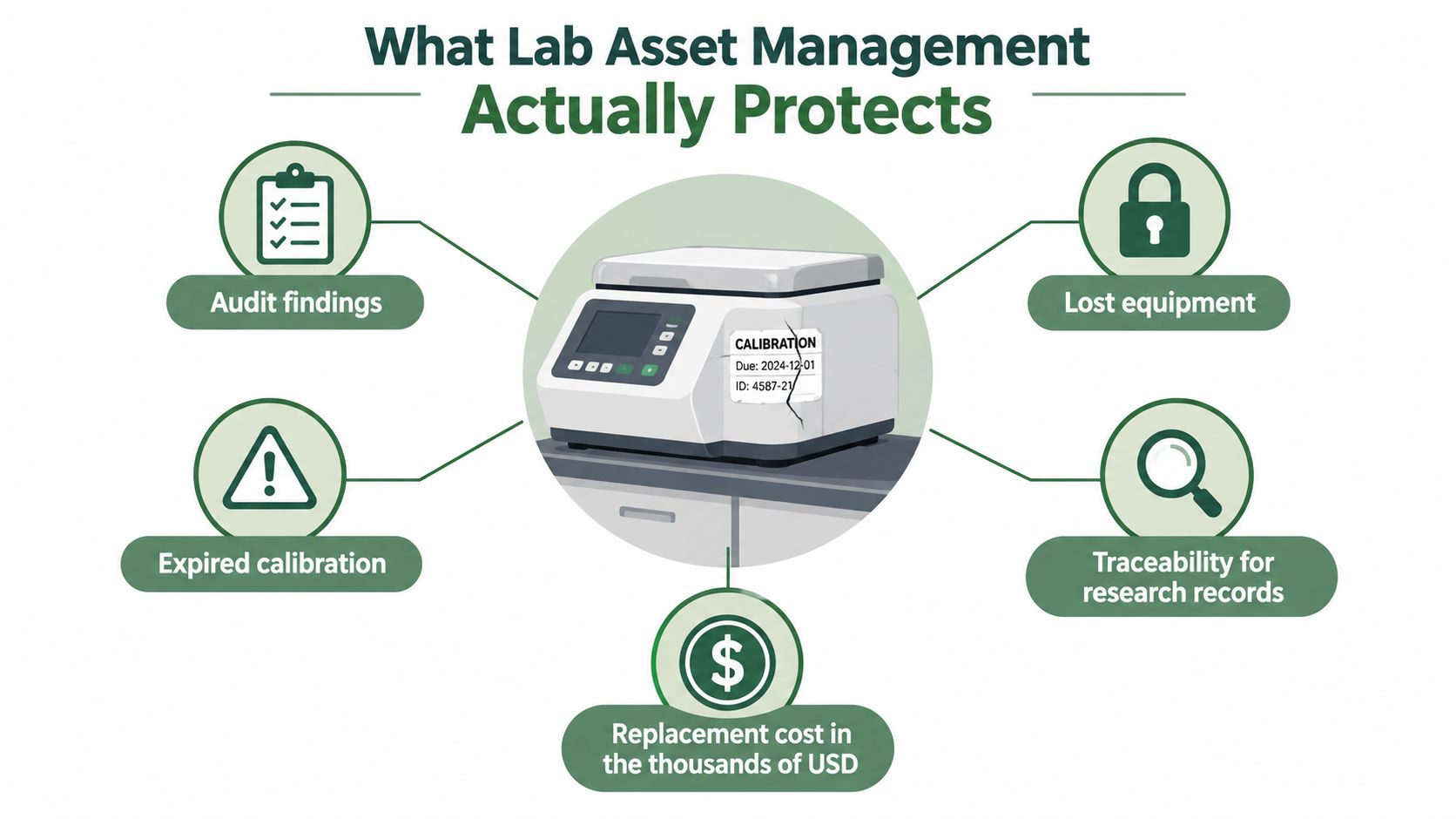 An infographic illustrating the benefits of laboratory asset management in protecting equipment, data, and financial resources.