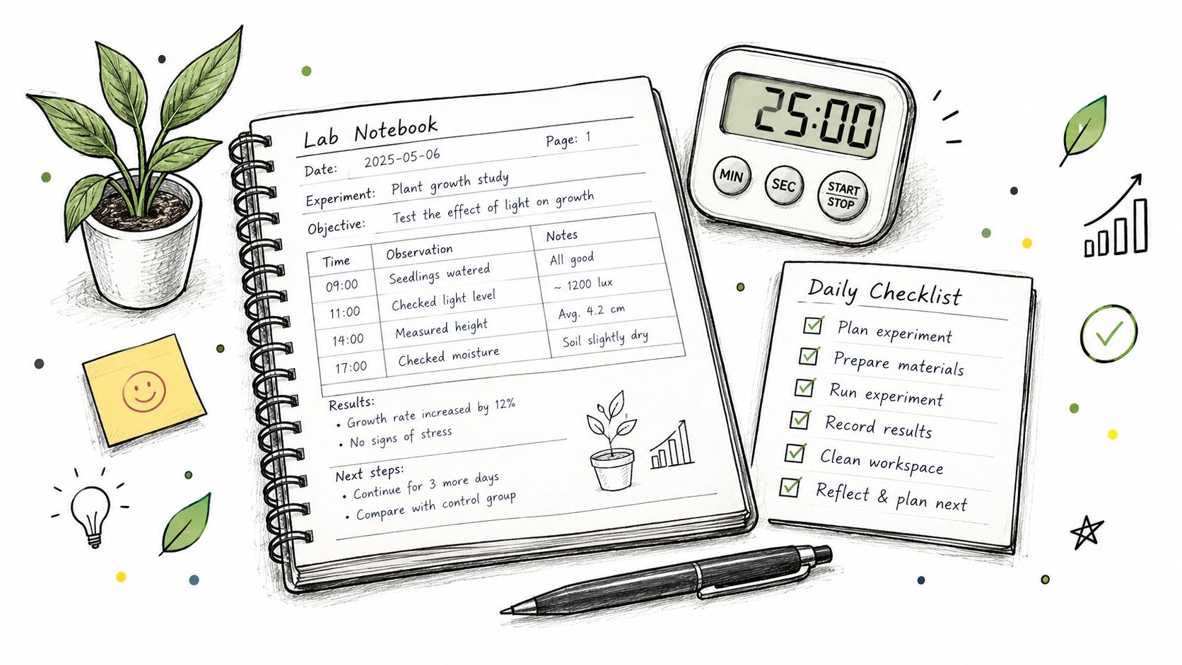 A lab notebook open on a desk with a plant, timer, checklist, and pen for science experiments.