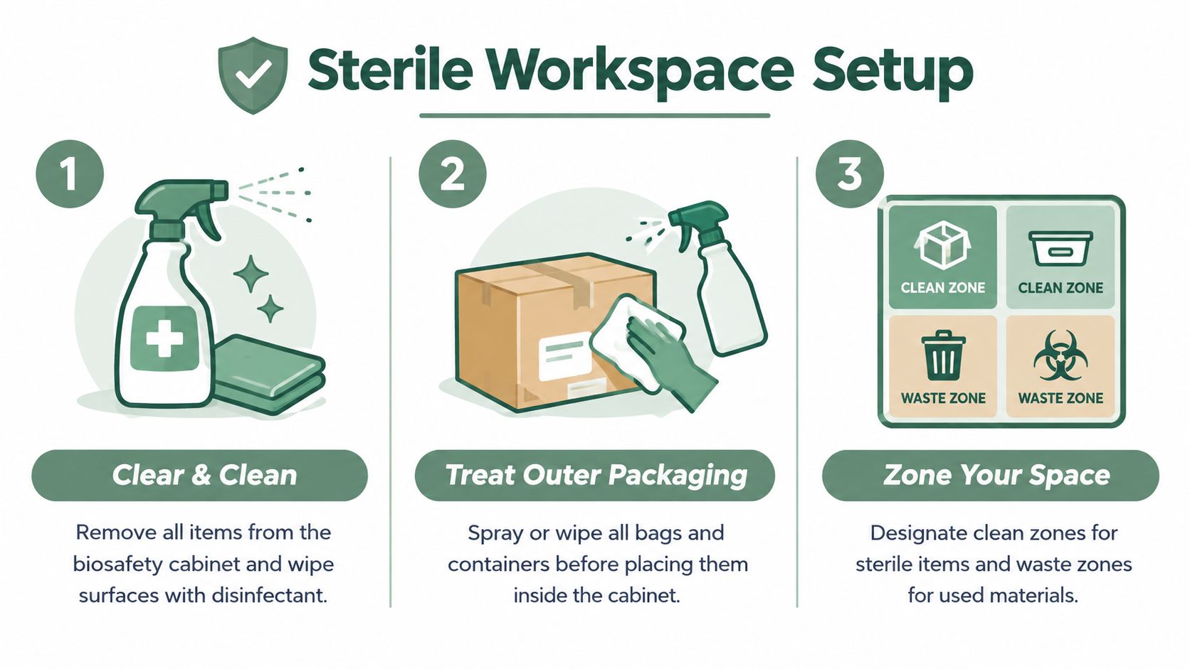 A guide illustrating three steps for setting up a sterile workspace in a biosafety cabinet for laboratory procedures.