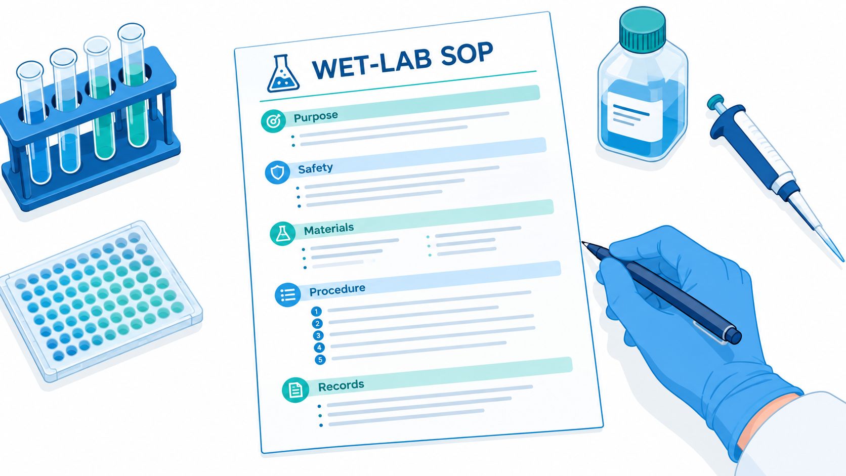 A scientist in blue gloves writing on a wet lab standard operating procedure document template.