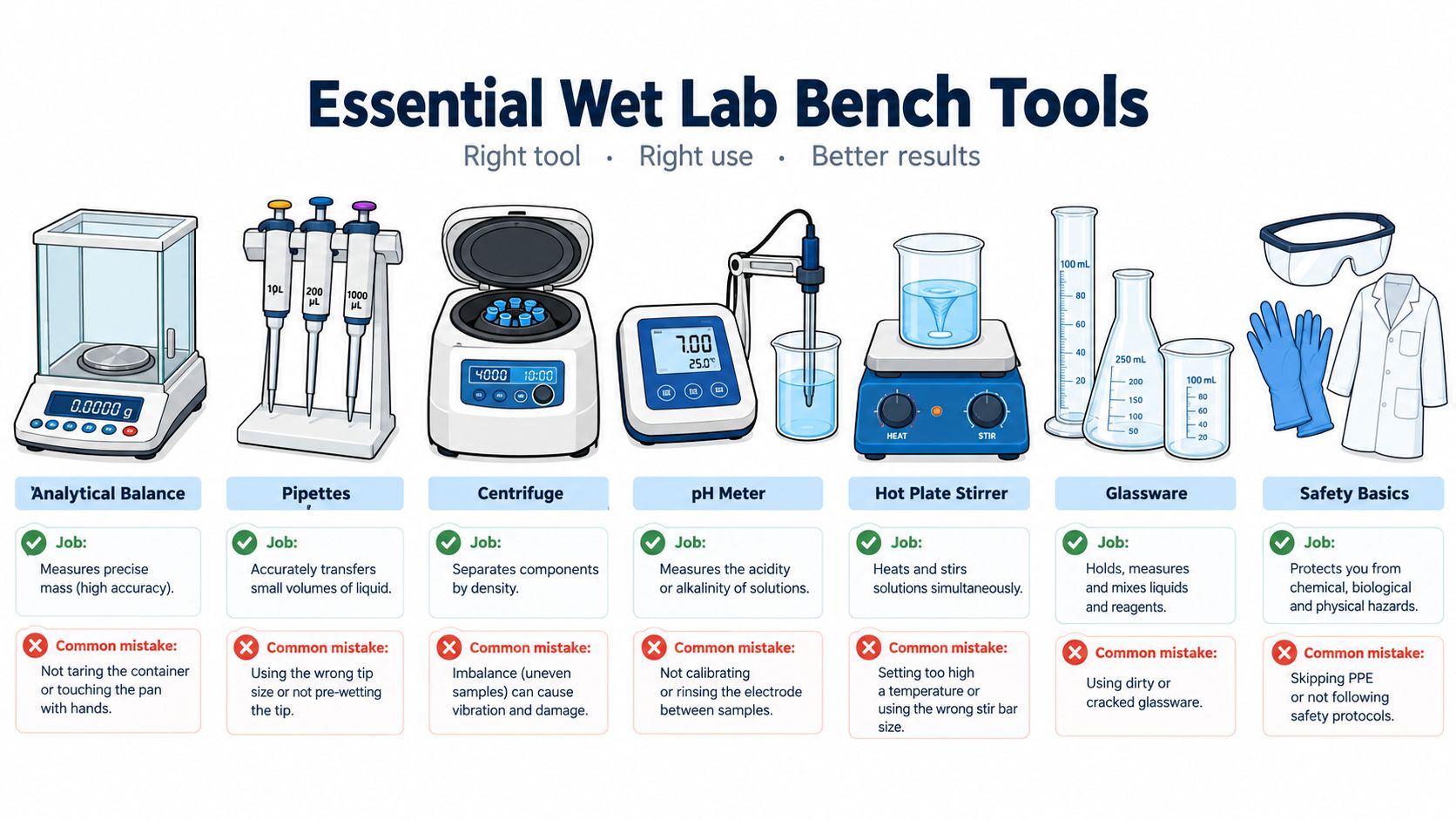 An educational infographic displaying seven essential wet lab bench tools, their primary functions, and common user mistakes.