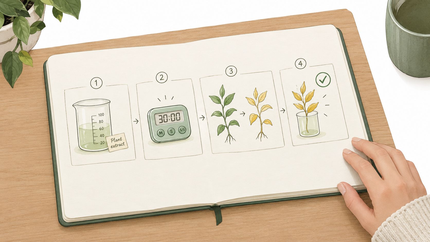 A hand points at a notebook illustrating a four-step scientific experiment using plant extract and a timer.