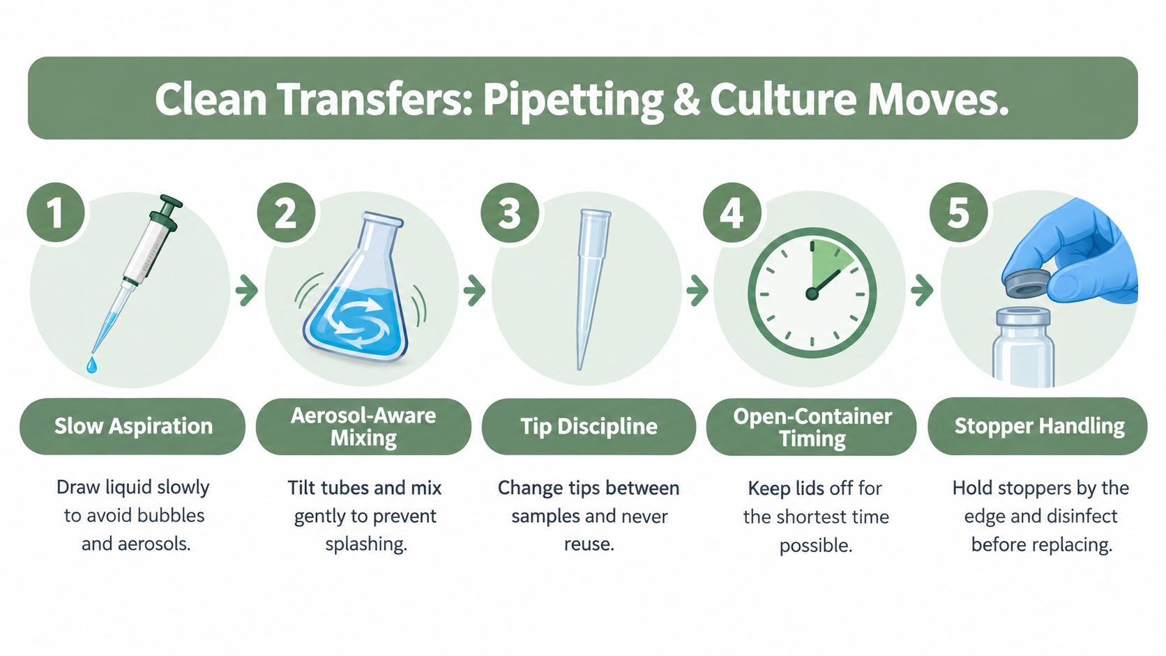 A five-step infographic illustrating essential aseptic procedures for laboratory pipetting and handling culture containers safely.