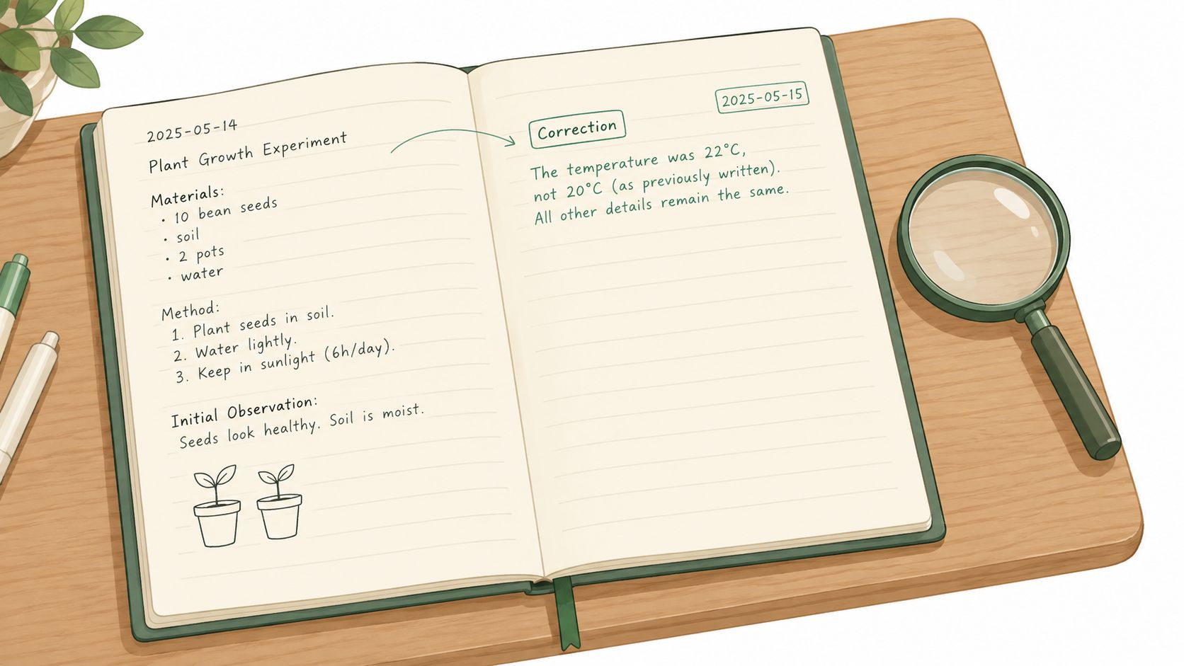 An open journal on a wooden desk showing notes for a plant growth experiment with a magnifying glass.