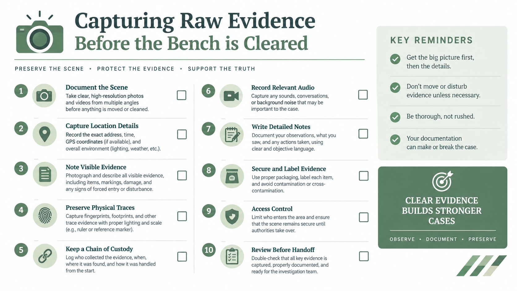 A checklist infographic titled Capturing Raw Evidence detailing ten essential steps for documenting and preserving crime scene evidence.