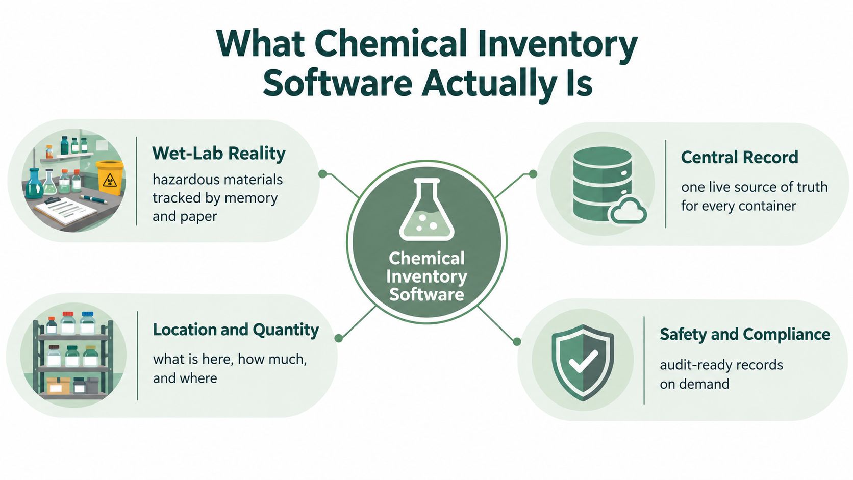An infographic showing the benefits of chemical inventory software compared to traditional manual tracking methods.