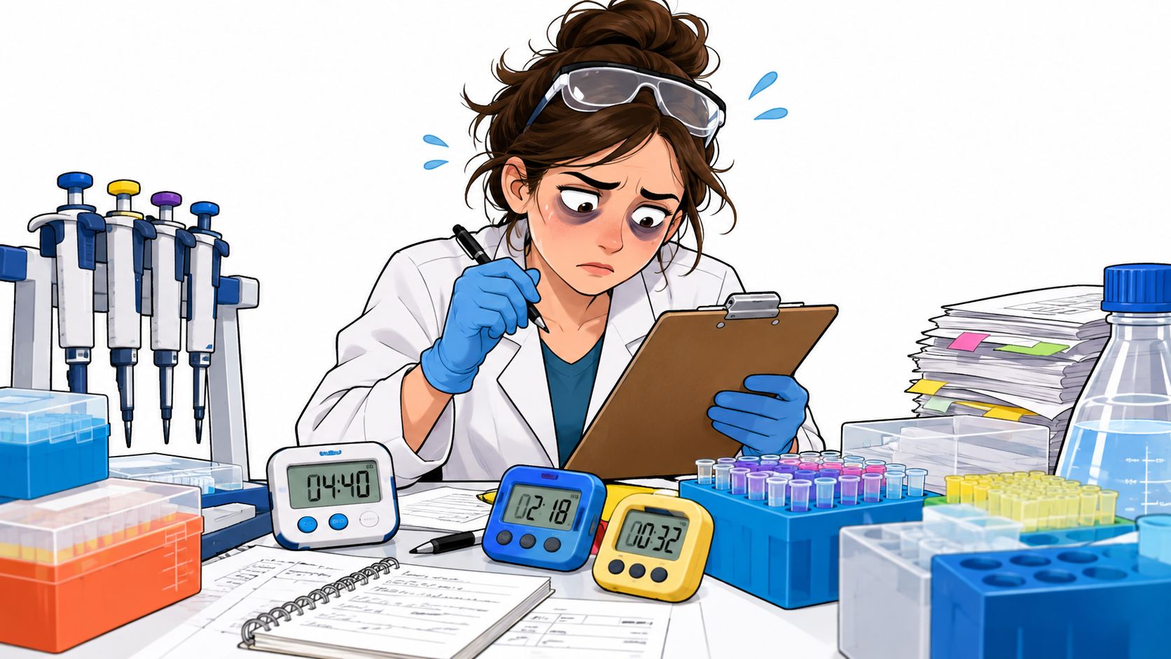 A tired, stressed scientist documenting lab data while surrounded by research equipment and stacks of paperwork.