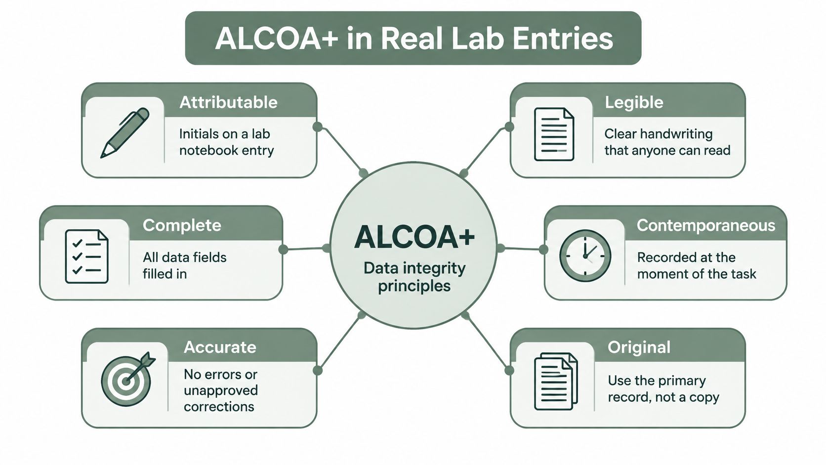 A diagram illustrating the ALCOA+ data integrity principles for real laboratory entries in a professional setting.