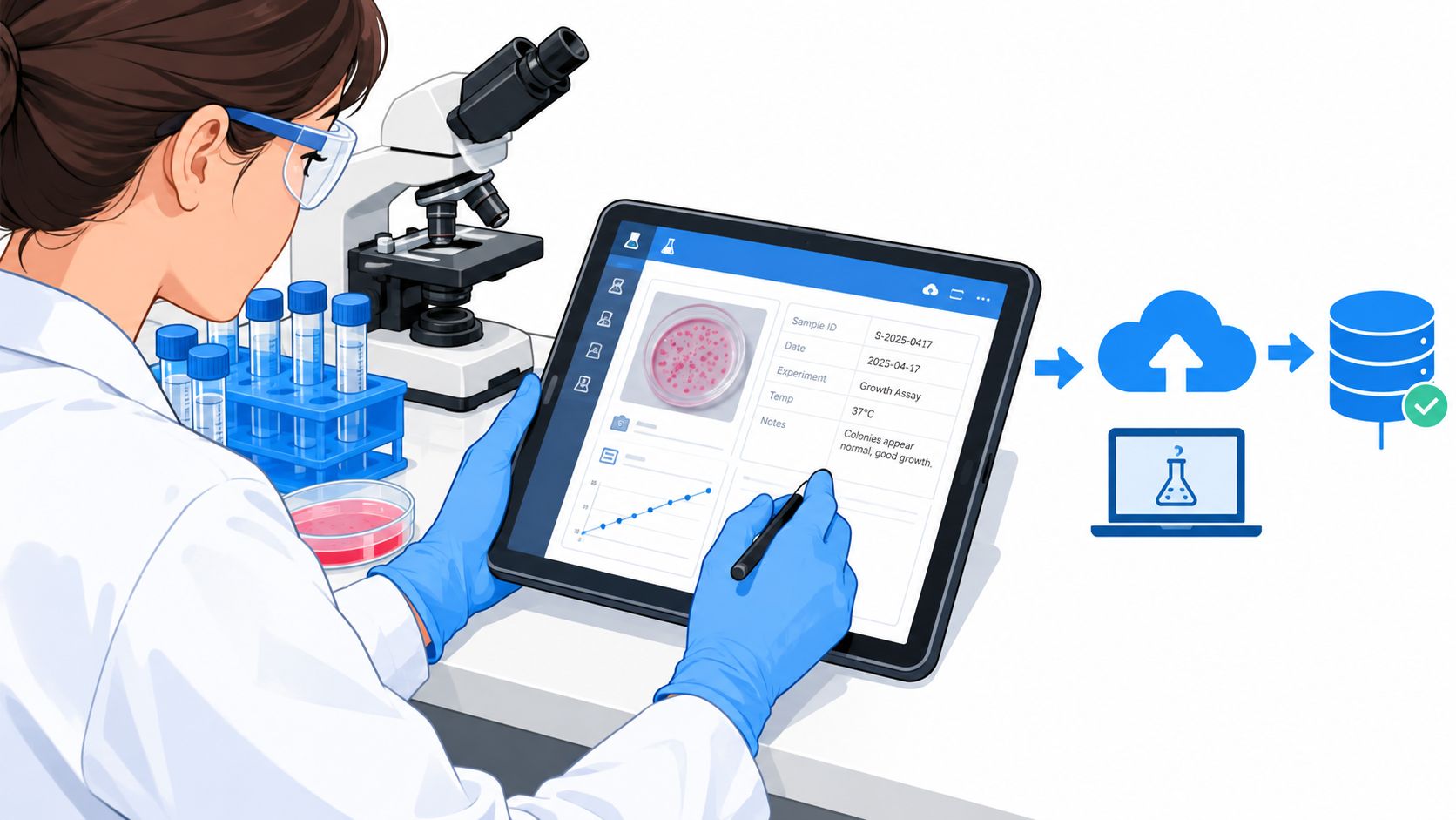 A scientist in a lab enters growth assay data into a tablet which syncs to a database.
