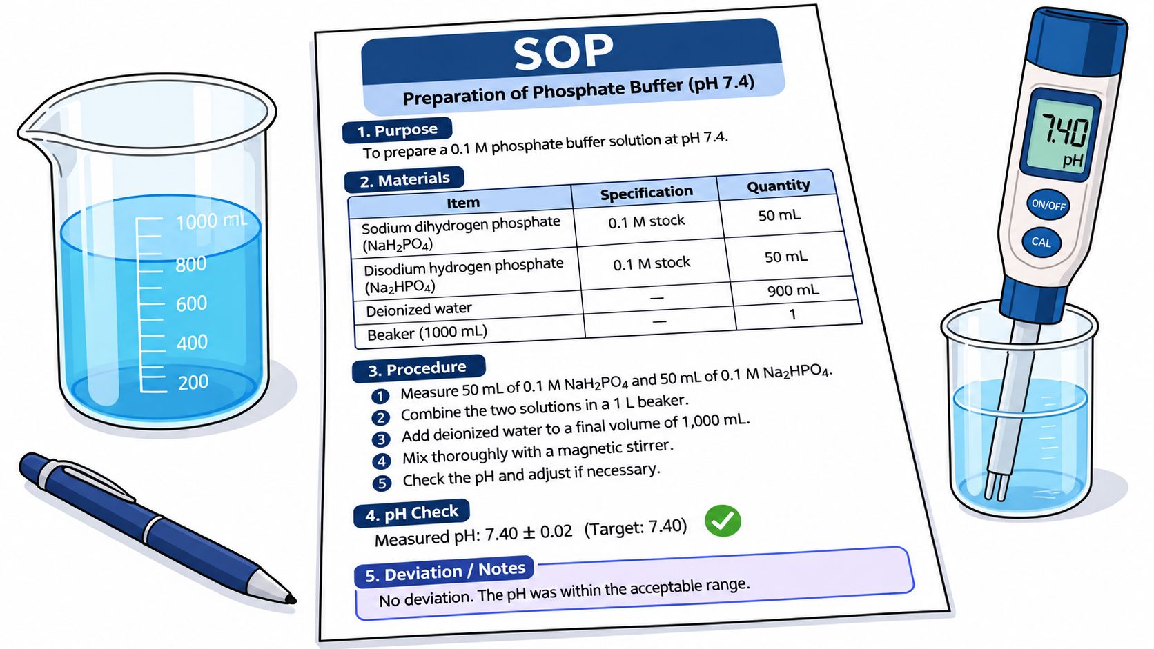 A standard operating procedure document for preparing a phosphate buffer solution with laboratory equipment and measured pH.