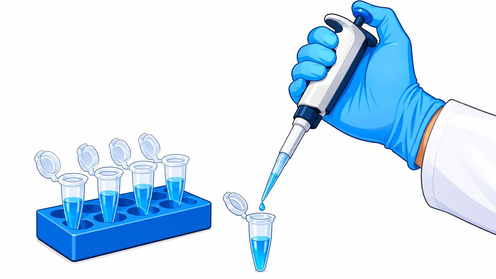 A gloved scientist uses a laboratory pipette to dispense blue liquid into a microcentrifuge tube.
