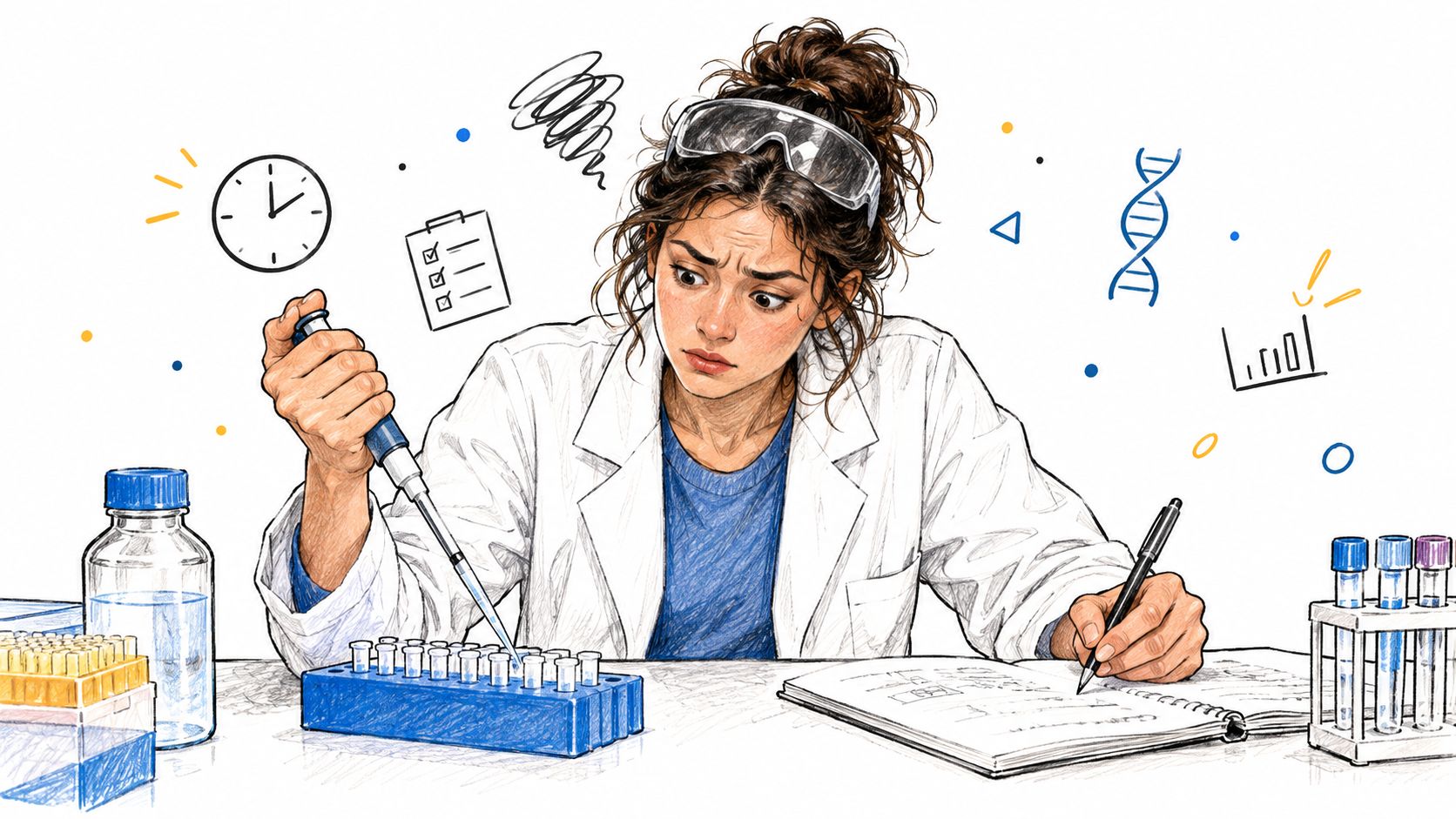 A stressed female scientist in a lab coat performing an experiment while taking notes in a notebook.